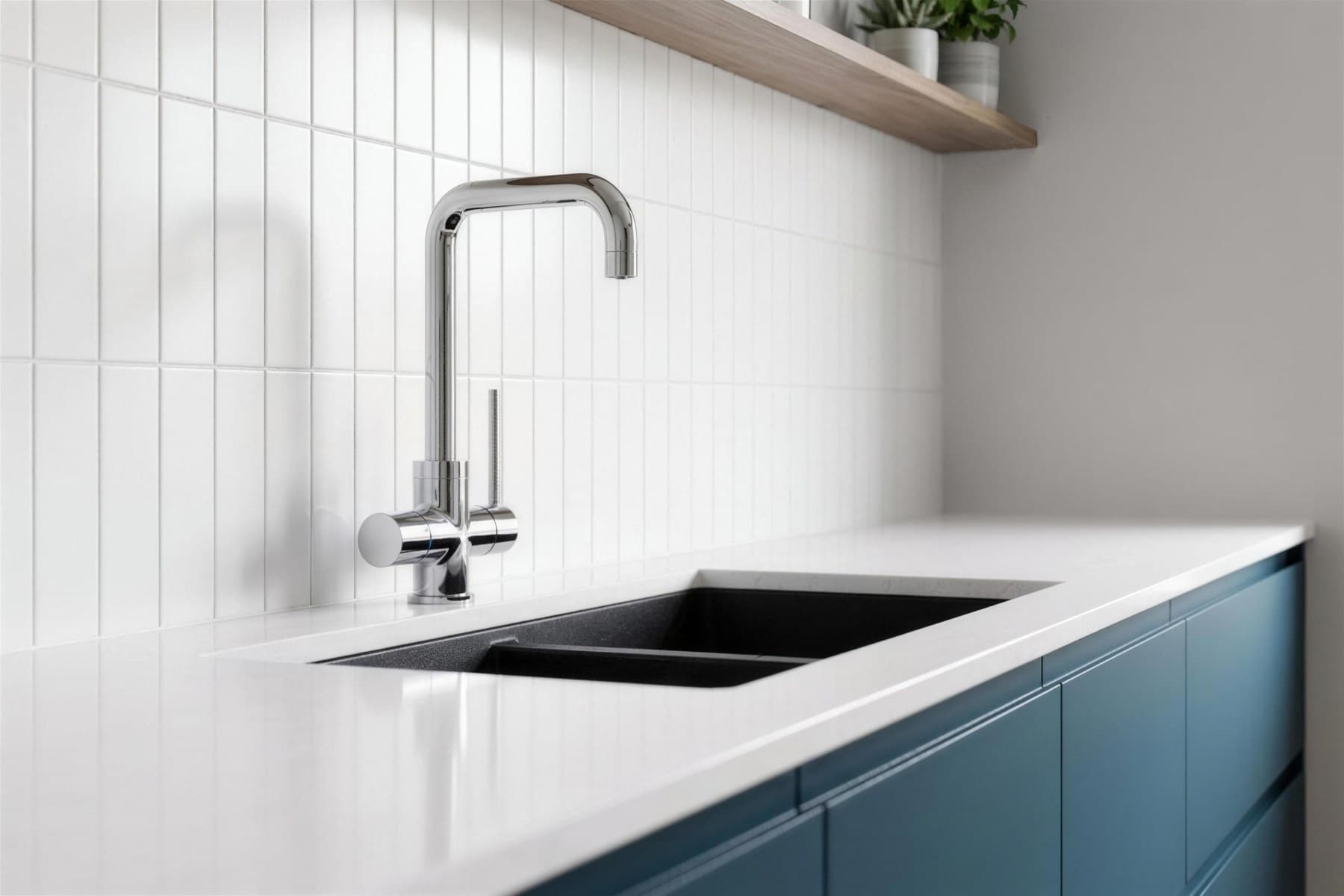 Chrome square-spout RoyalFlow tap over a kitchen sink
