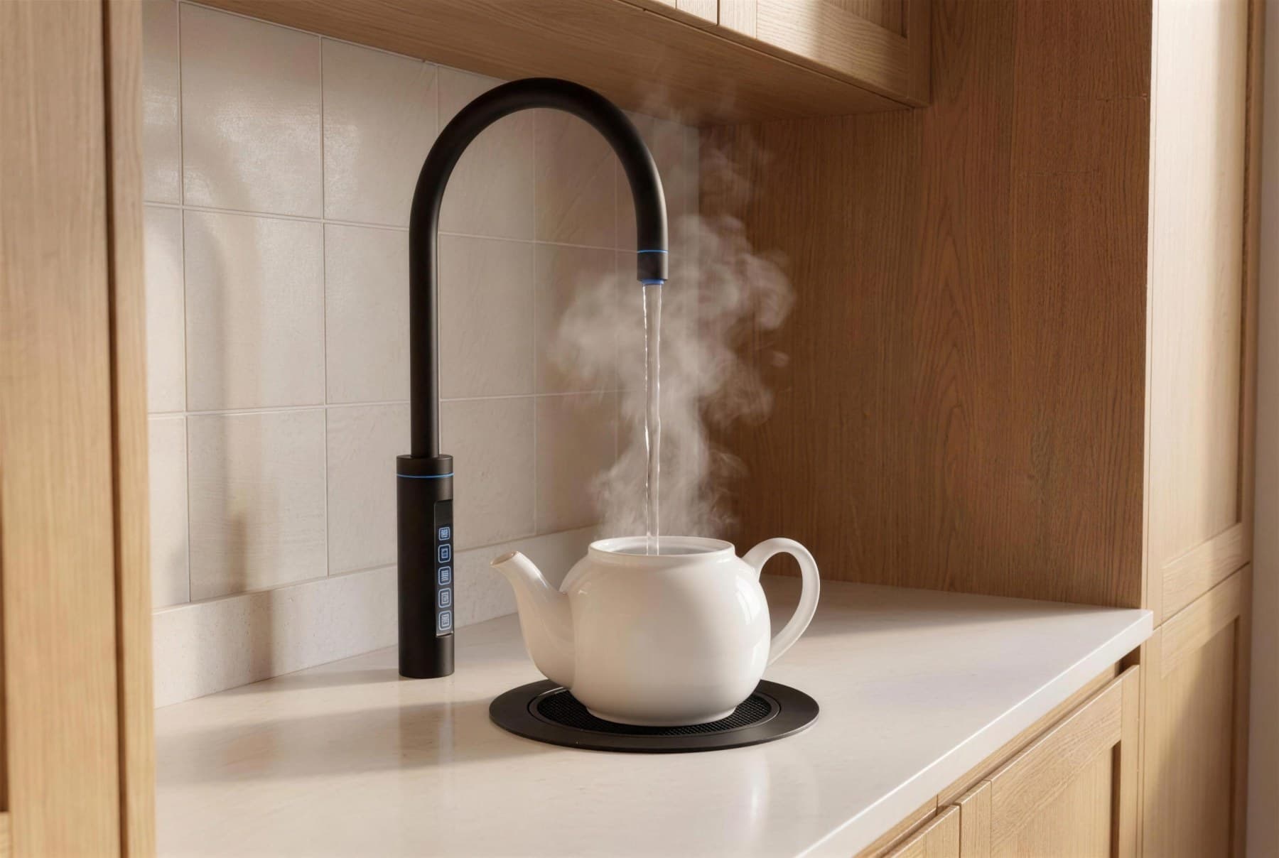 Matt black RoyalFlow tap filling a teapot with steaming water
