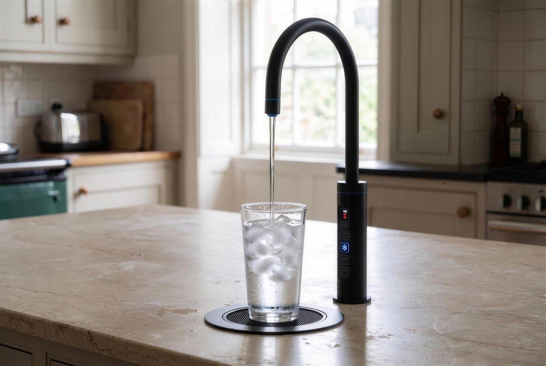 Matt black RoyalFlow tap filling a glass of ice-cold water