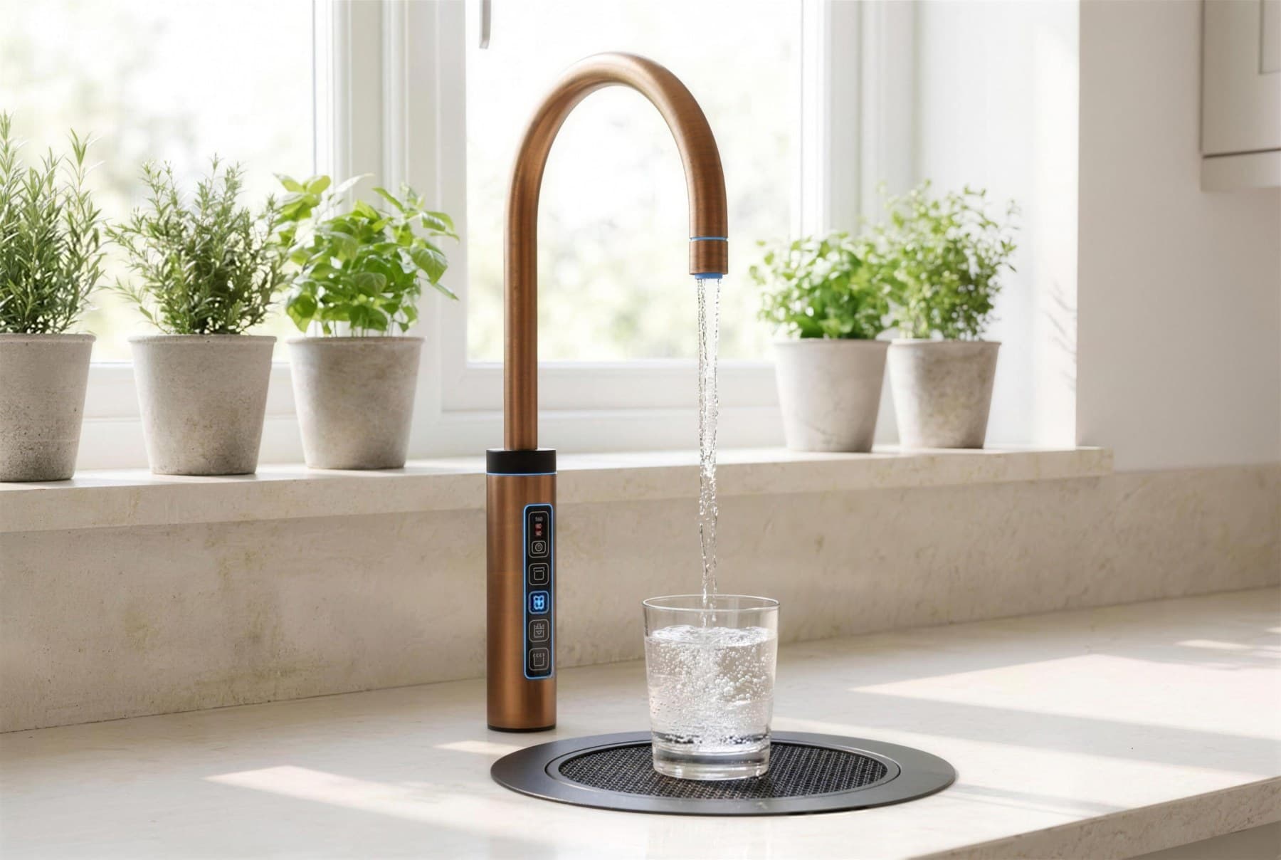 Copper RoyalFlow tap filling a glass of sparkling water