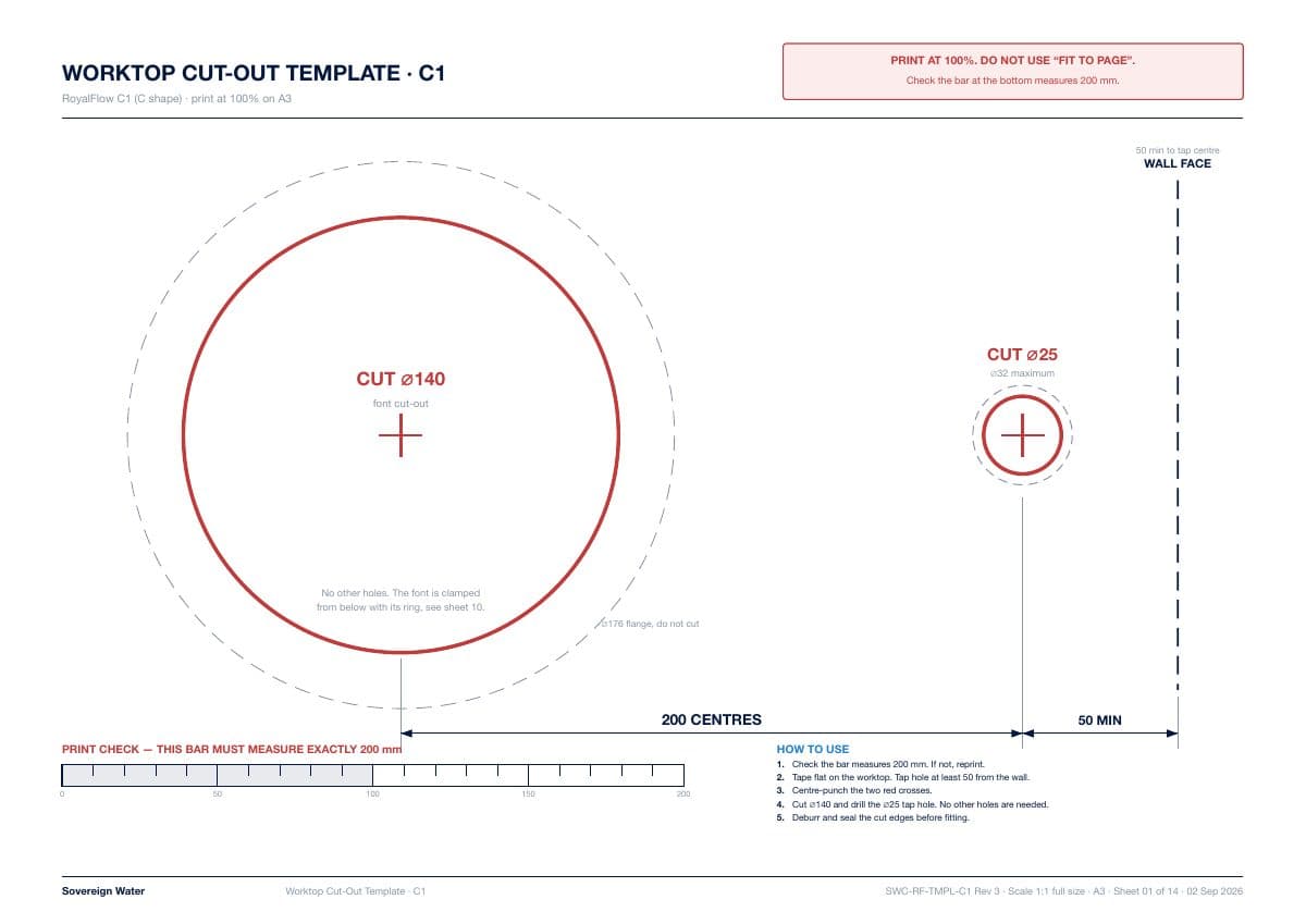 Installer pack page: full-size worktop cut-out template for the tap