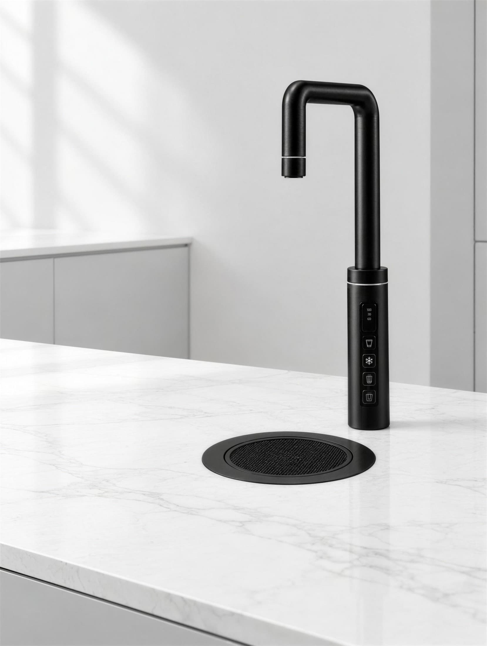 RoyalFlow S1 standalone smart tap in matt black on a kitchen worktop